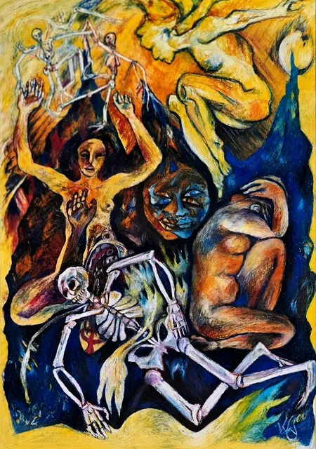 Gemälde mit Skeletten und menschlichen Figuren in Gelb und Blau