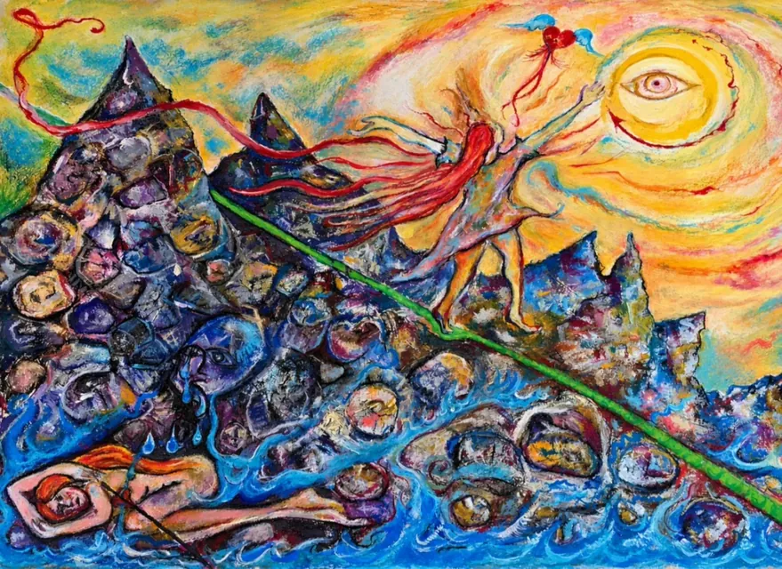 Expressives Gemälde mit vielen Körpern und Gesichtern, einer roten Figur und einer Sonne