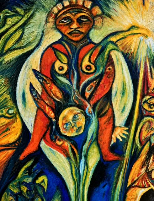 Gemälde Pachamama: Mutter Erde mit einem Kind im Schoß
