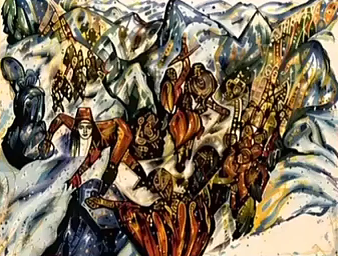 Gemälde eines Festzugs in den verschneiten Anden
